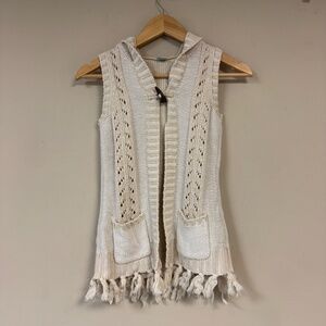 Boho Hippie Knit Vest Girls 10/12 Medium Fringe Off-white Cream Hooded Preppy